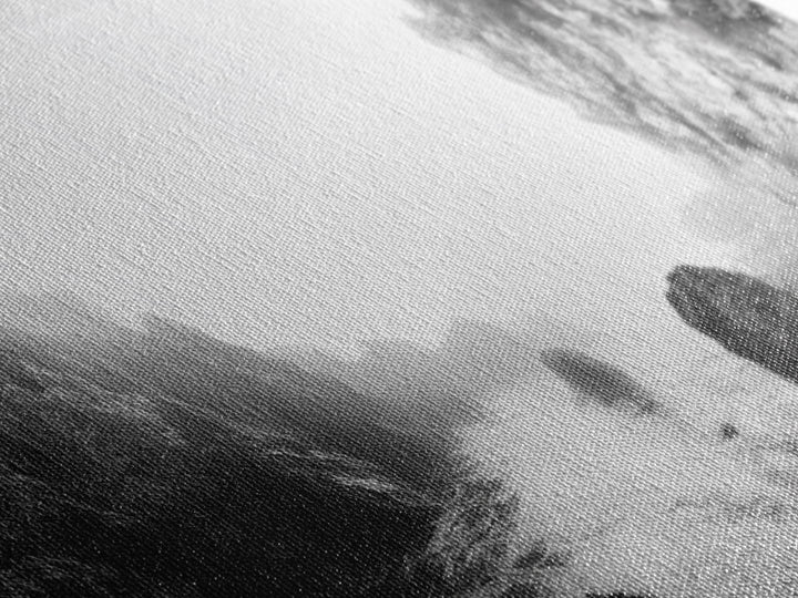 Rocky Cove, Coastal Mist, Foggy Morning, Cliffside Ocean, Canvas Print, Monochrome Wall Art, Bathroom Art, Minimalist Photography