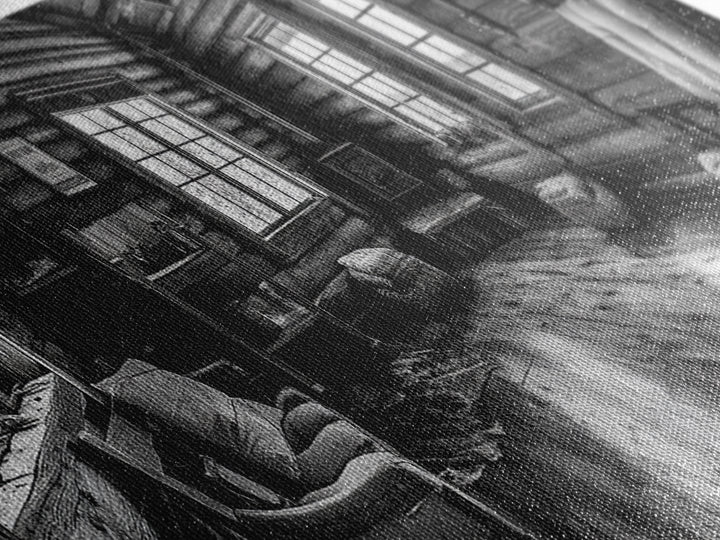 Rustic Cabin, Cozy Interior, Nature Retreat, Framed Canvas Print, Living Room Wall Art, Black and White Photography, Lodge Decor