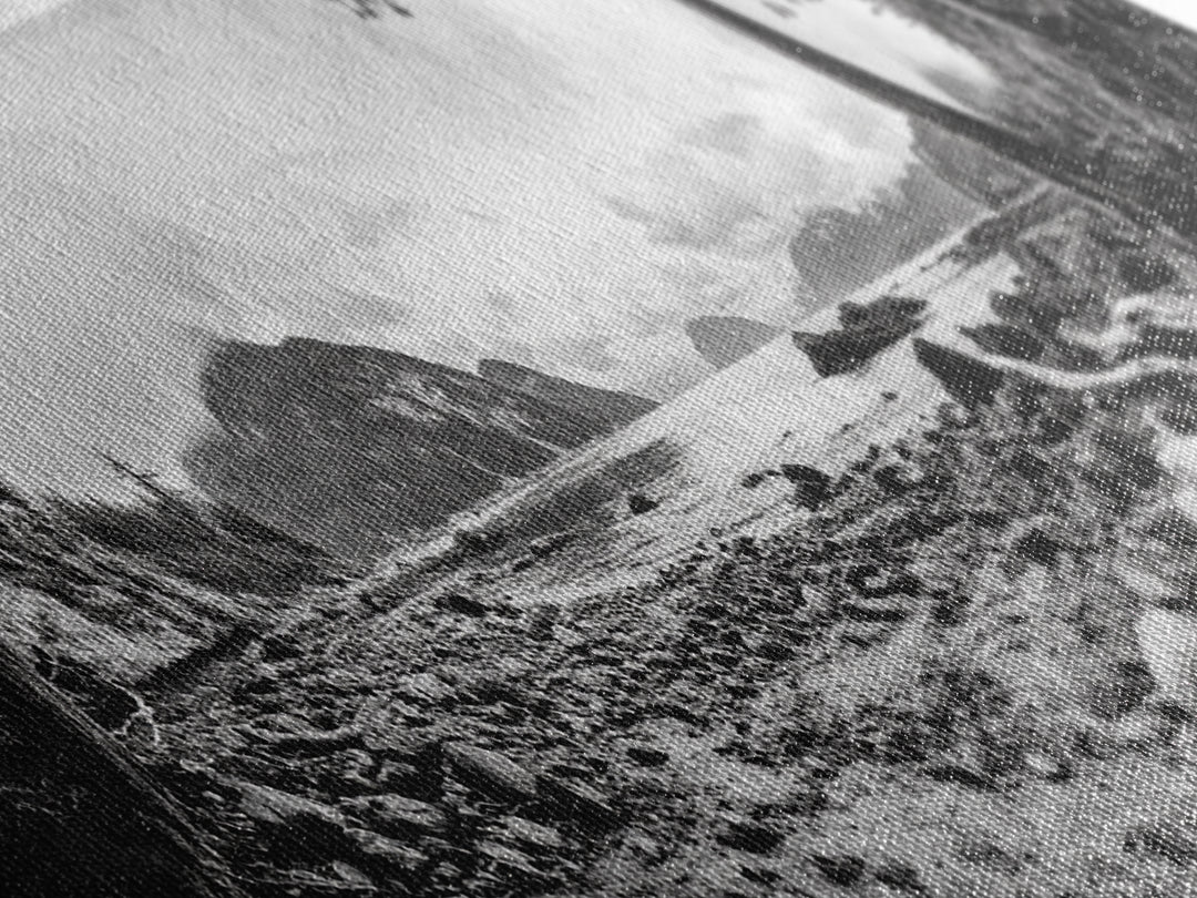 Rocky Shore, Ocean Vista, Misty Wilderness, Framed Canvas Print, Nature Wall Art, Monochrome Landscape, Cabin or Office Decor