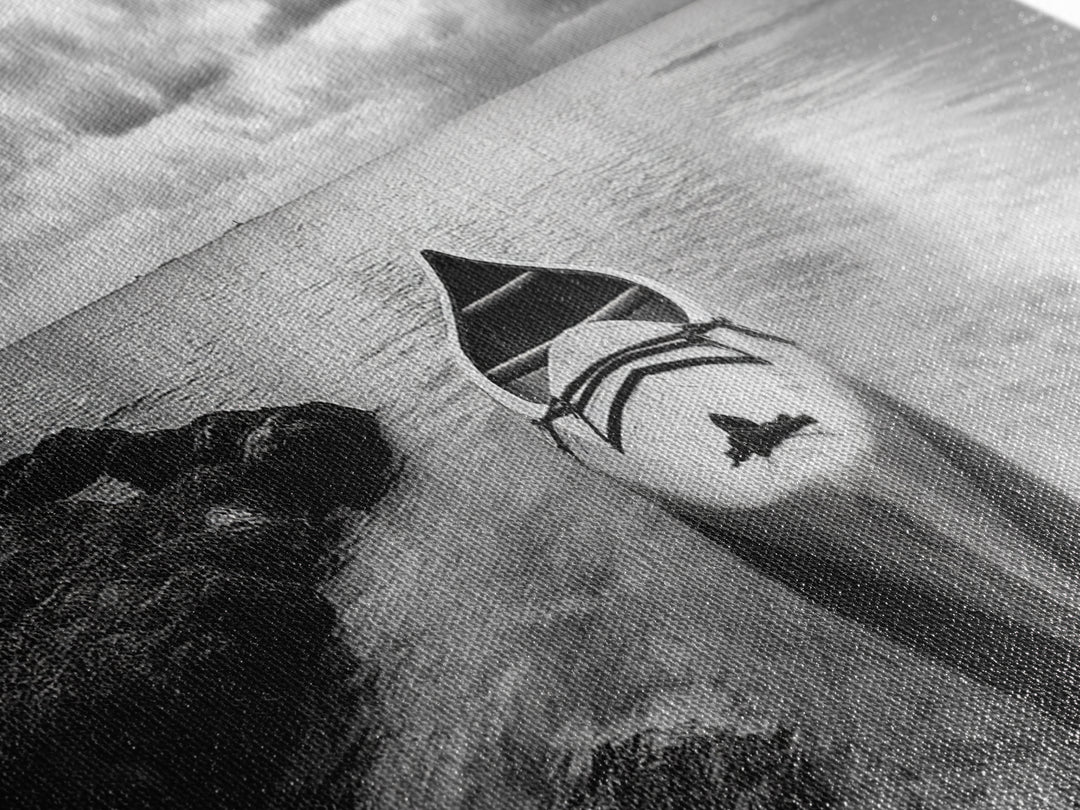 Canoe at Shore, Calm Waters, Peaceful Escape, Framed Canvas Print, Adventure art, Lakehouse decor, Hallway wall piece, Monochrome nature