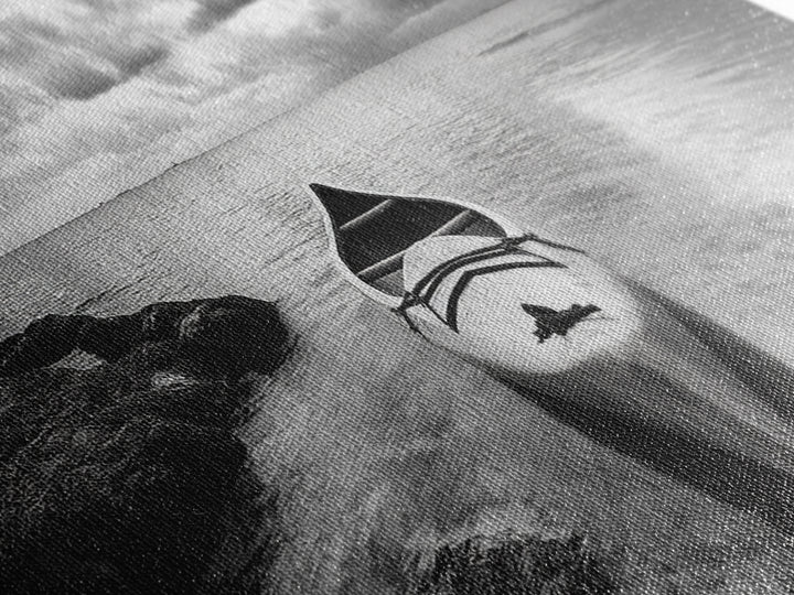 Canoe at Shore, Calm Waters, Peaceful Escape, Framed Canvas Print, Adventure art, Lakehouse decor, Hallway wall piece, Monochrome nature