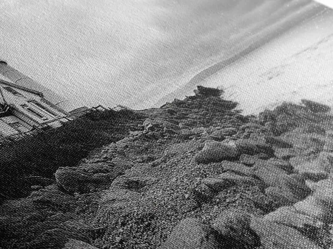 Classic Lighthouse Shore, Rocky Coastline Fog, Seaside Charm, Framed Canvas Print, Office Wall Art, New England Coastal Decor