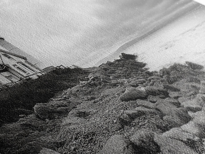 Classic Lighthouse Shore, Rocky Coastline Fog, Seaside Charm, Framed Canvas Print, Office Wall Art, New England Coastal Decor