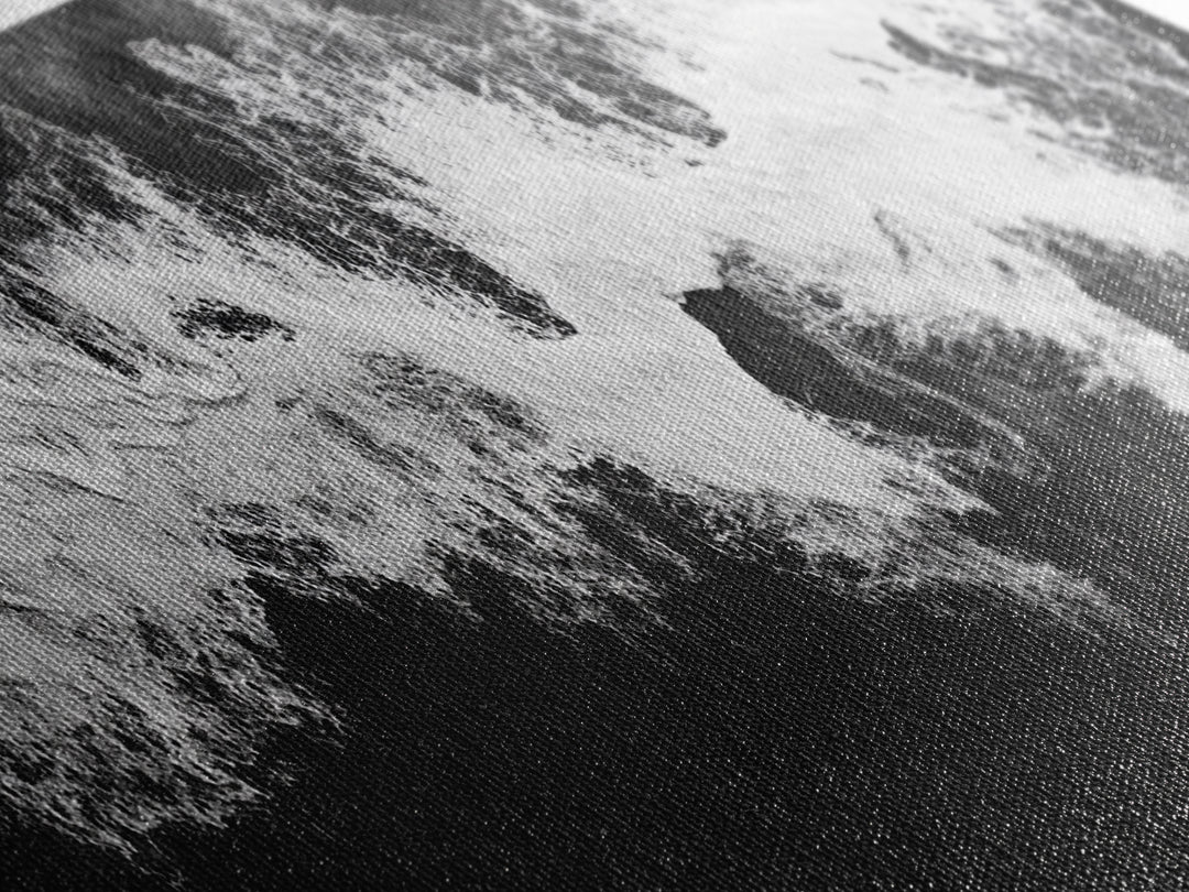 Ocean Wave, Aerial Surf, Coastal Abstract, Monochrome Motion, Framed Canvas Print, Modern Bathroom Art, Minimalist Art, Black and White Decor