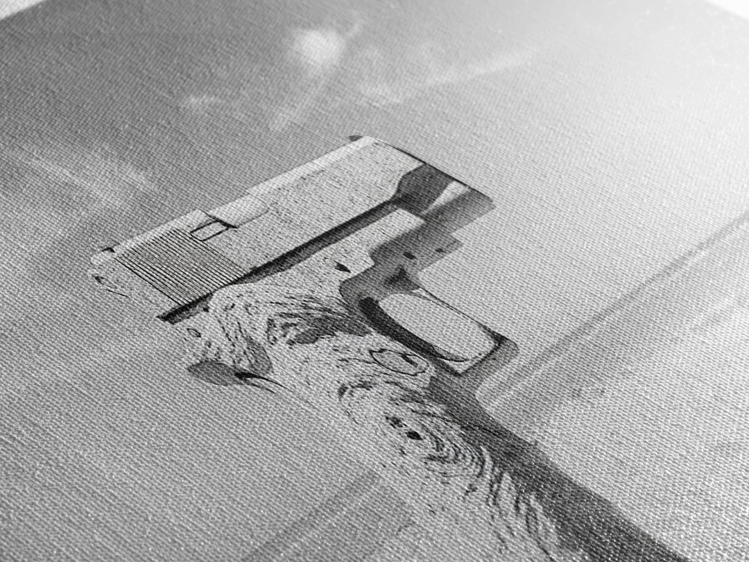 Desert Gun, Driftwood Grip, Coastal Surreal, Canvas Print, Minimalist Wall Art, Western Decor, Modern Living Room Art, Black and White Photo