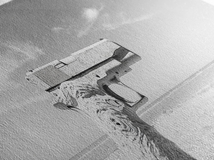 Desert Gun, Driftwood Grip, Coastal Surreal, Canvas Print, Minimalist Wall Art, Western Decor, Modern Living Room Art, Black and White Photo