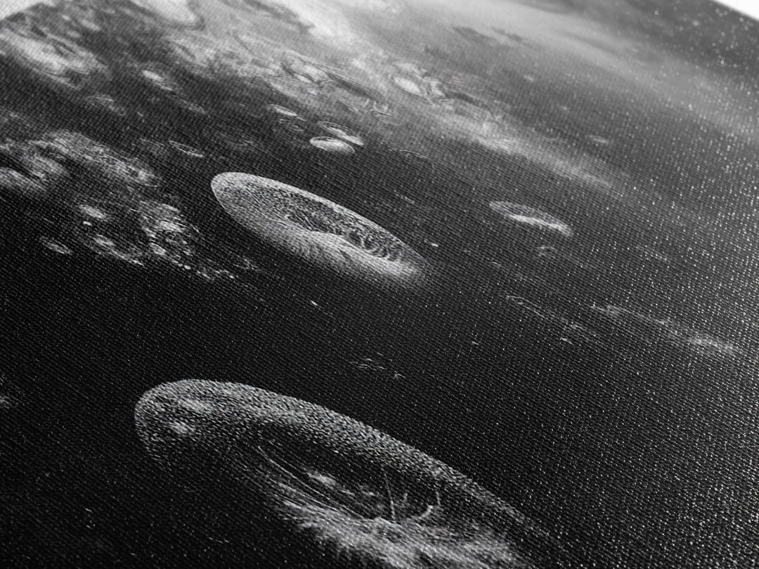 Jellyfish Dreams, Ocean Depths, Abstract Motion, Canvas Print, Coastal Bathroom Art, Nautical Theme, Moody Black and White Sea Life