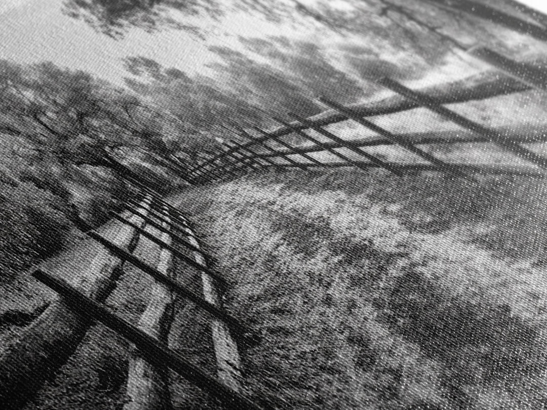 Tree Tunnel, Country Path, Fence Shadows, Framed Canvas Print, Black and White Nature Art, Rustic Wall Art, Autumn Entryway Decor