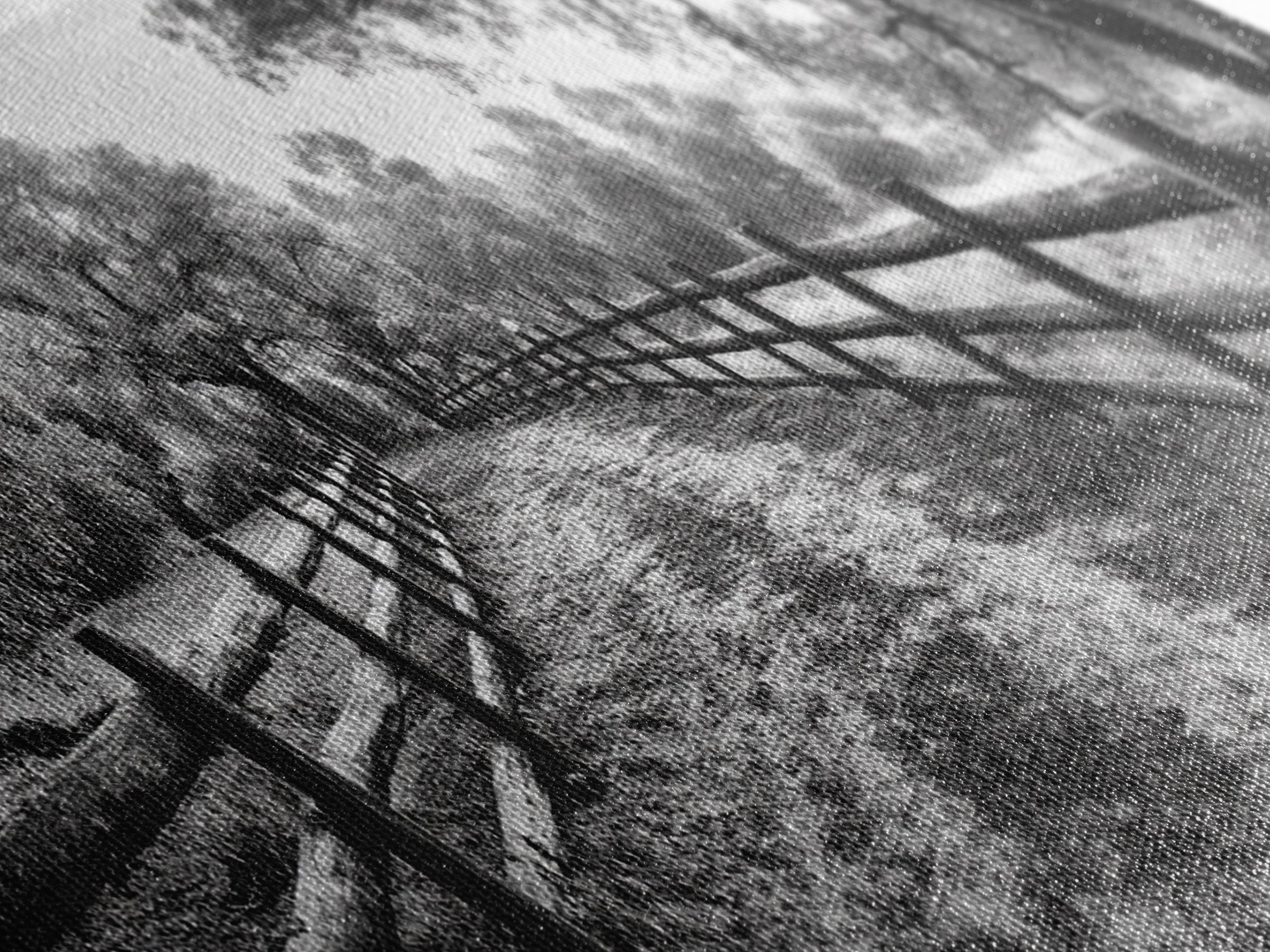 Tree Tunnel, Country Path, Fence Shadows, Framed Canvas Print, Black and White Nature Art, Rustic Wall Art, Autumn Entryway Decor