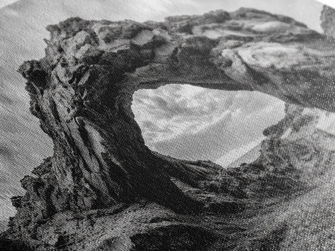 Rock Arch Landscape, Desert Formations, Dramatic Sky, Framed Canvas Print, Living Room Wall Art, Nature Inspired Decor, Monochrome Vibe