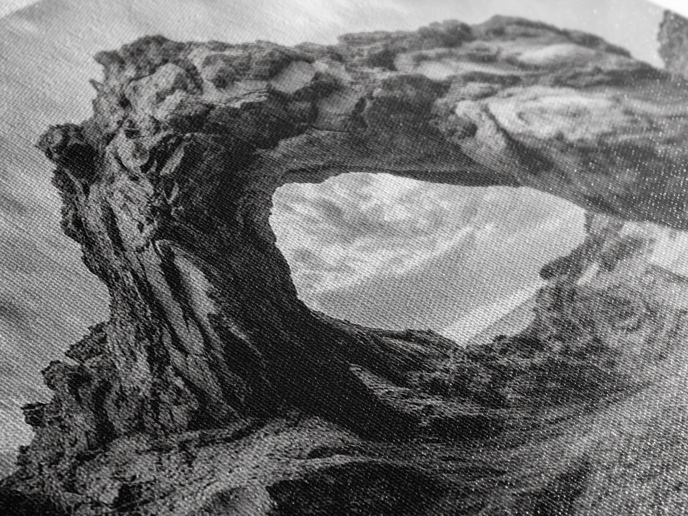 Rock Arch Landscape, Desert Formations, Dramatic Sky, Framed Canvas Print, Living Room Wall Art, Nature Inspired Decor, Monochrome Vibe