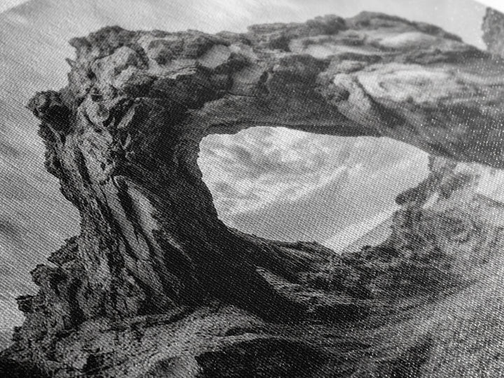 Rock Arch Landscape, Desert Formations, Dramatic Sky, Framed Canvas Print, Living Room Wall Art, Nature Inspired Decor, Monochrome Vibe