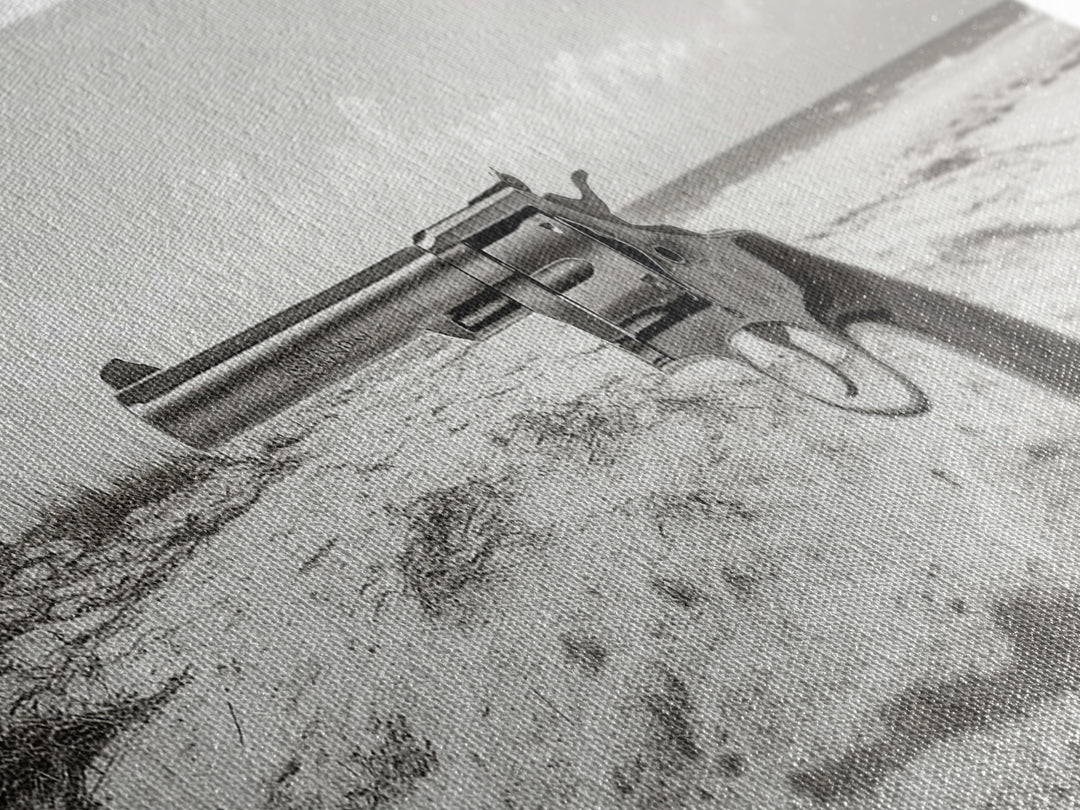 Revolver On Beach, Western Vibes, Americana Style, Framed Canvas Print, Man Cave Wall Art, Bold Statement Decor, Coastal Contrast