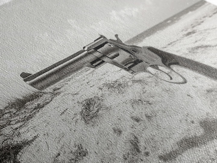 Revolver On Beach, Western Vibes, Americana Style, Framed Canvas Print, Man Cave Wall Art, Bold Statement Decor, Coastal Contrast