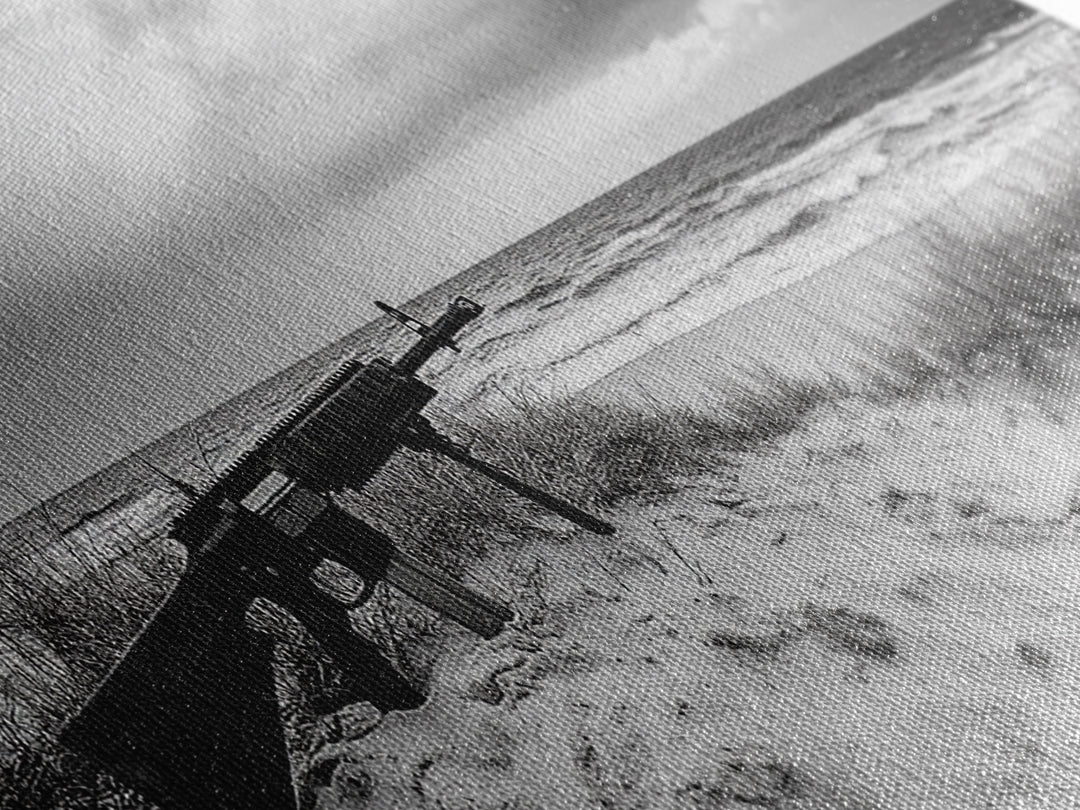 Rifle Seaside Scene, Tactical Still Life, Stormy Beach Mood, Canvas Print, Industrial Wall Art, Dramatic Photography, Masculine Decor