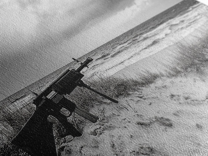 Rifle Seaside Scene, Tactical Still Life, Stormy Beach Mood, Canvas Print, Industrial Wall Art, Dramatic Photography, Masculine Decor
