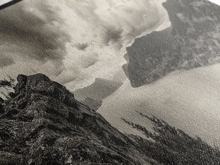 River Cliff View, Forested Mountains, Timeless Horizon, Framed Canvas Print, Living Room Wall Art, Cabin Rustic Decor, Moody Nature Art