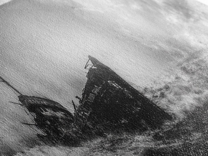 Abandoned Shipwreck Storm, Dark Sea Drama, Grunge Nautical Art, Framed Canvas Print, Industrial Office or Man Cave Wall Decor