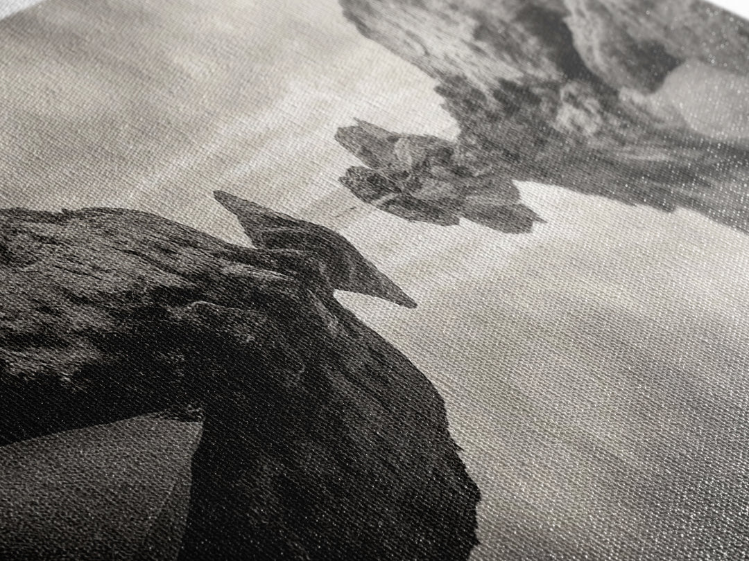 Rock Reflection, Coastal Tranquility, Nature Mirror, Framed Canvas Print, black and white coastal art, zen bathroom decor, moody ocean wall art