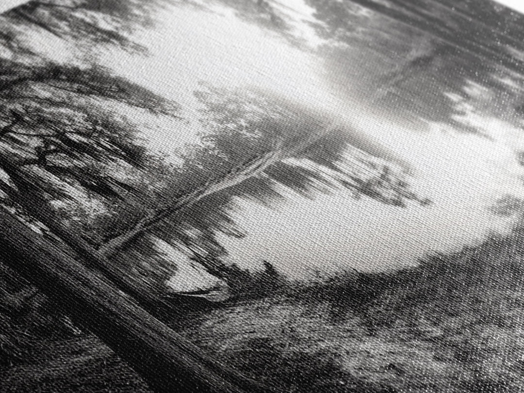 River Sunset, Mossy Trees, Tranquil Reflection, Framed Canvas Print, southern forest wall art, peaceful living room decor, rustic boho vibe