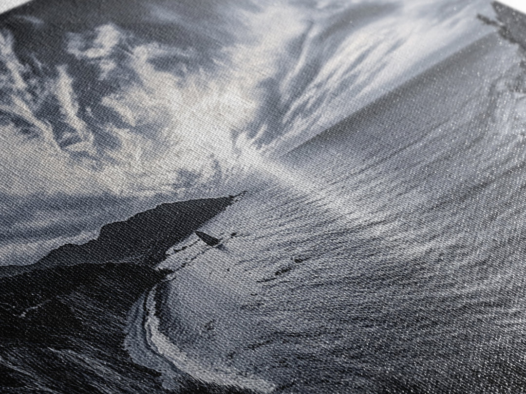 Cloudy Horizon, Wide Ocean View, Coastal Cliffs, Framed Canvas Print, dramatic seascape wall art, coastal kitchen decor, black and white