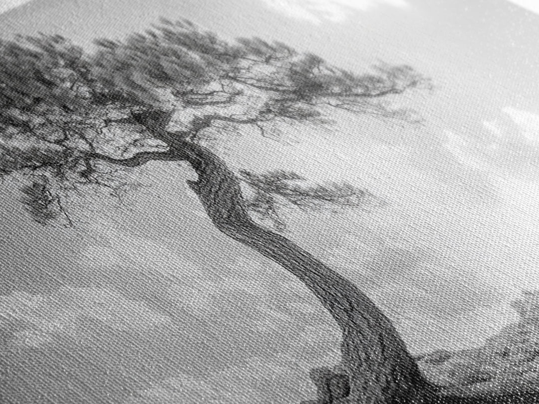 Lone Curved Tree, Zen Nature Print, Minimalist Landscape, Calming Decor, Framed Canvas Print, Bedroom Wall Statement