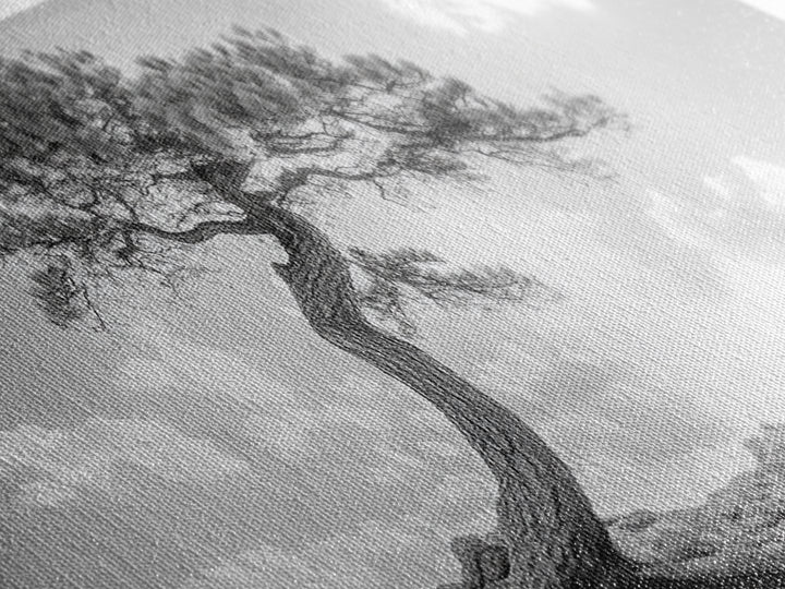 Lone Curved Tree, Zen Nature Print, Minimalist Landscape, Calming Decor, Framed Canvas Print, Bedroom Wall Statement