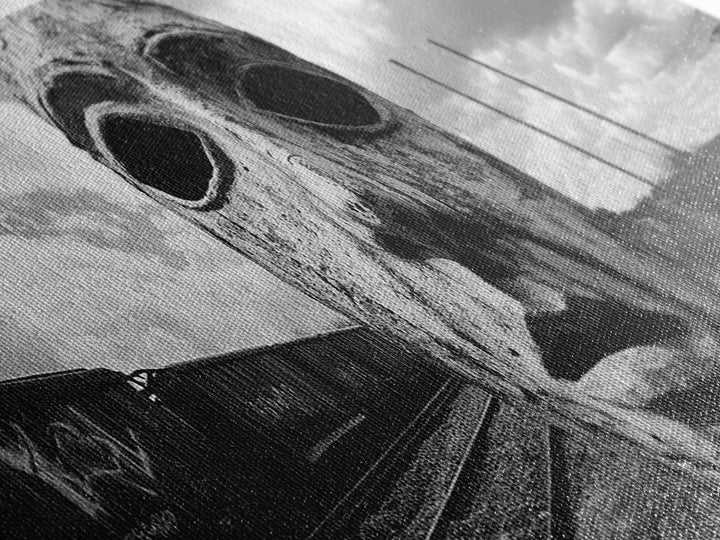 Abandoned Train Mask, Urban Surrealism, Monochrome Street Art, Modern Edgy Decor, Framed Canvas Print, Industrial Room Style