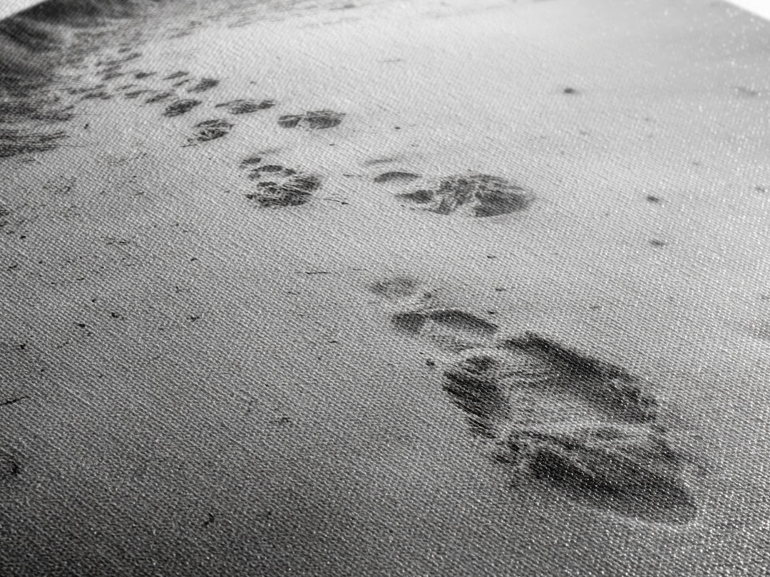 Beach Footprints, Sandy Path, Seaside Steps, Reflective Moment, Canvas Print, Minimalist Bathroom Wall Art, Tranquil Coastal Decor