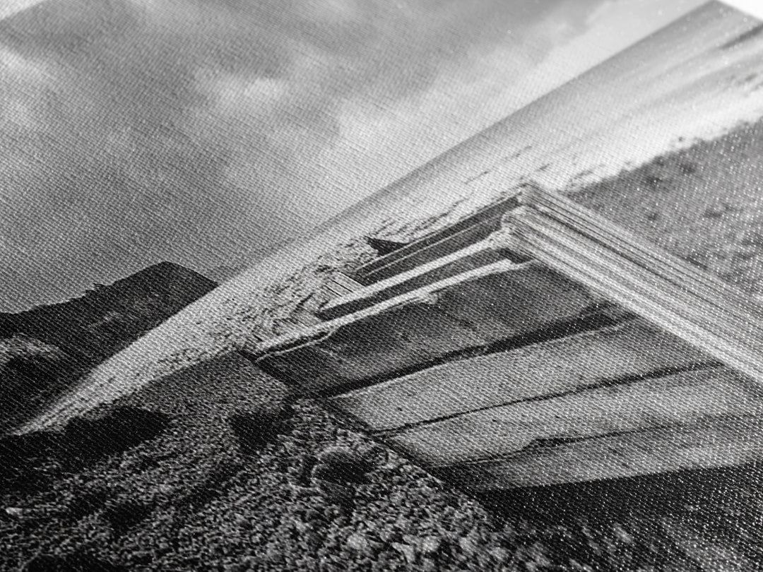 Rocky Beach, Driftwood Crate, Stormy Sky Seascape, Framed Canvas Print, Coastal Rustic Decor, Bathroom Wall Art, Monochrome Style