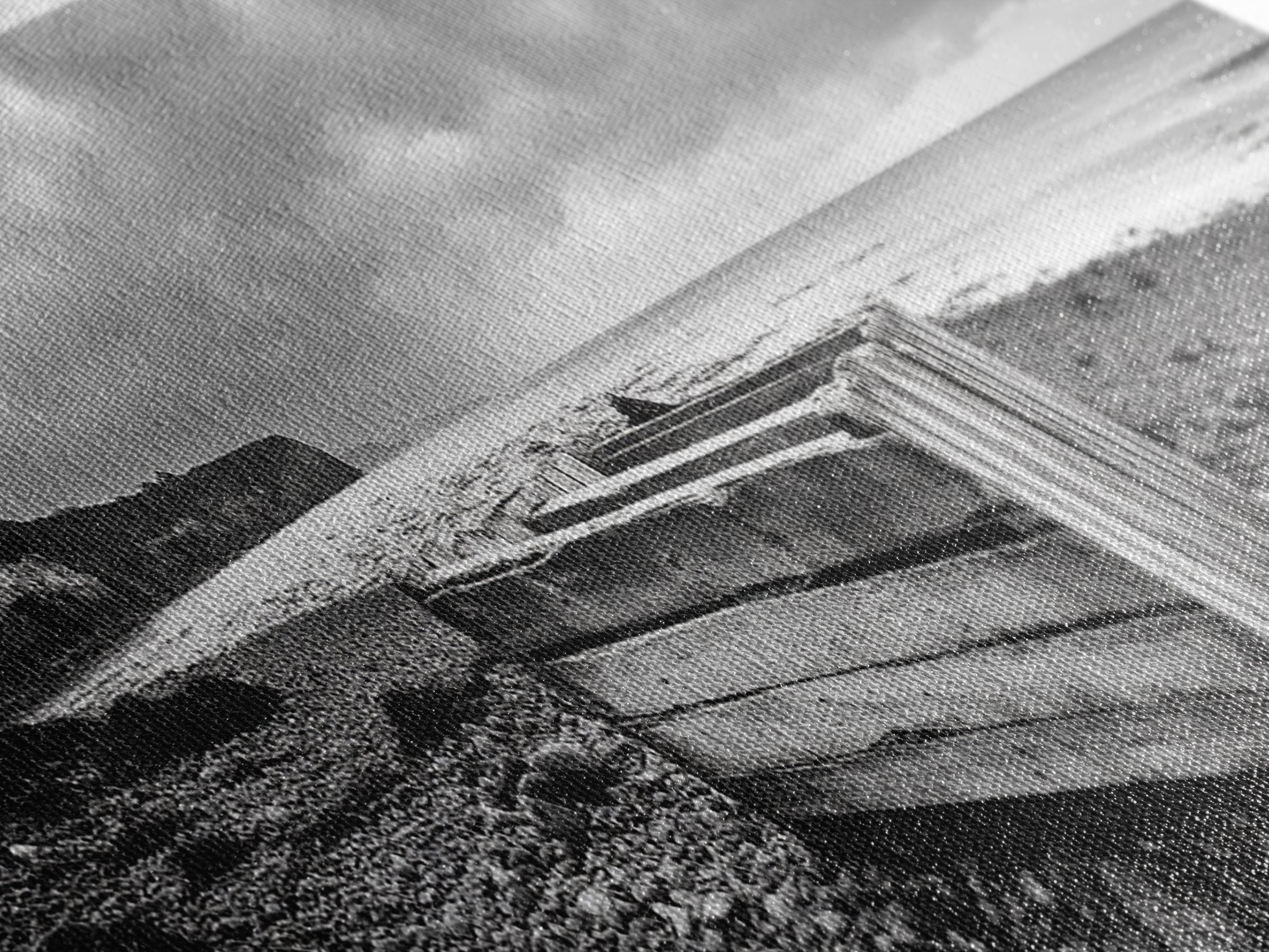 Rocky Beach, Driftwood Crate, Stormy Sky Seascape, Framed Canvas Print, Coastal Rustic Decor, Bathroom Wall Art, Monochrome Style