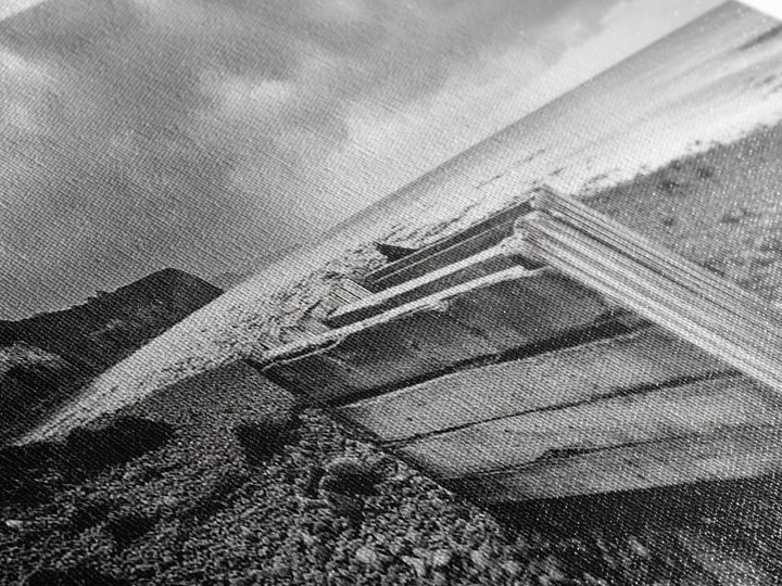 Rocky Beach, Driftwood Crate, Stormy Sky Seascape, Framed Canvas Print, Coastal Rustic Decor, Bathroom Wall Art, Monochrome Style