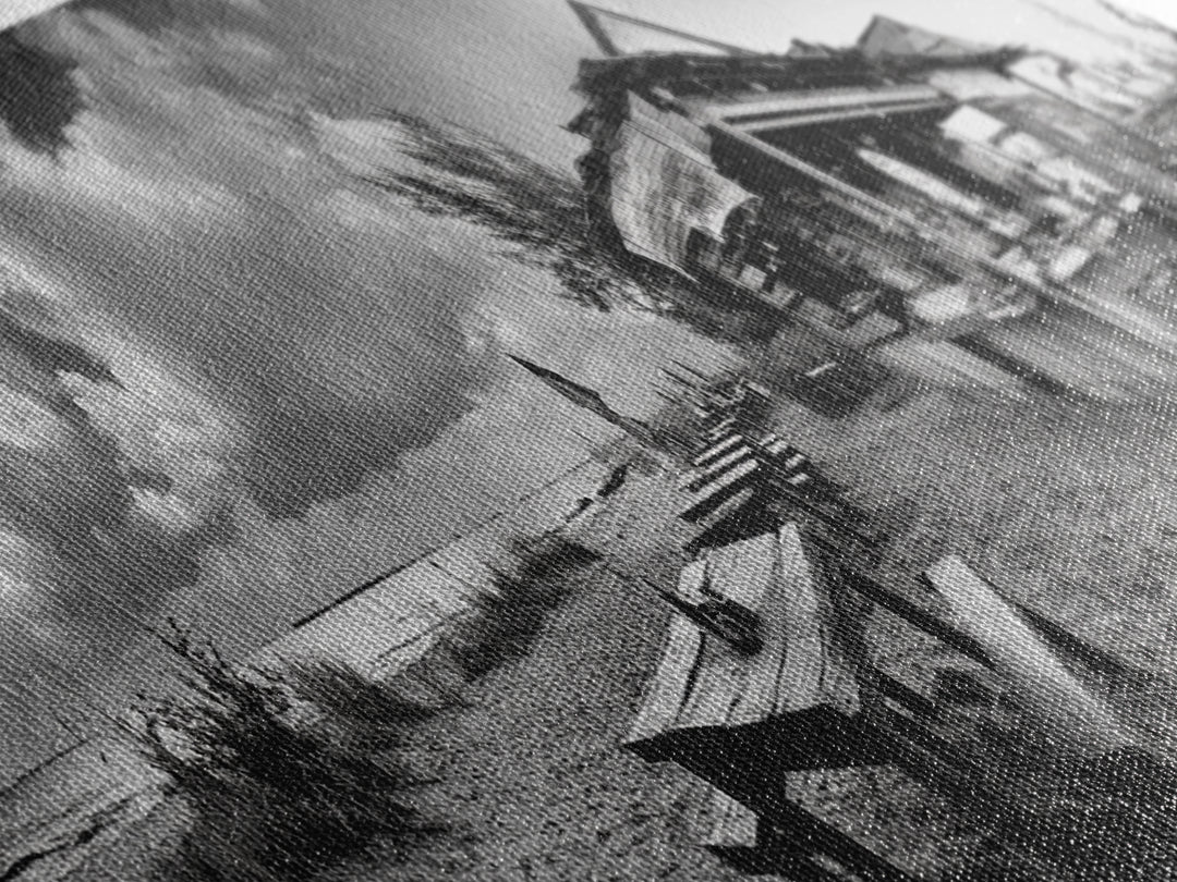 Beachside Bar Scene, Rustic Cafe, Ocean Picnic, Cloudy Sky, Framed Canvas Print, Coastal Kitchen Wall Art, Boho Bar Decor