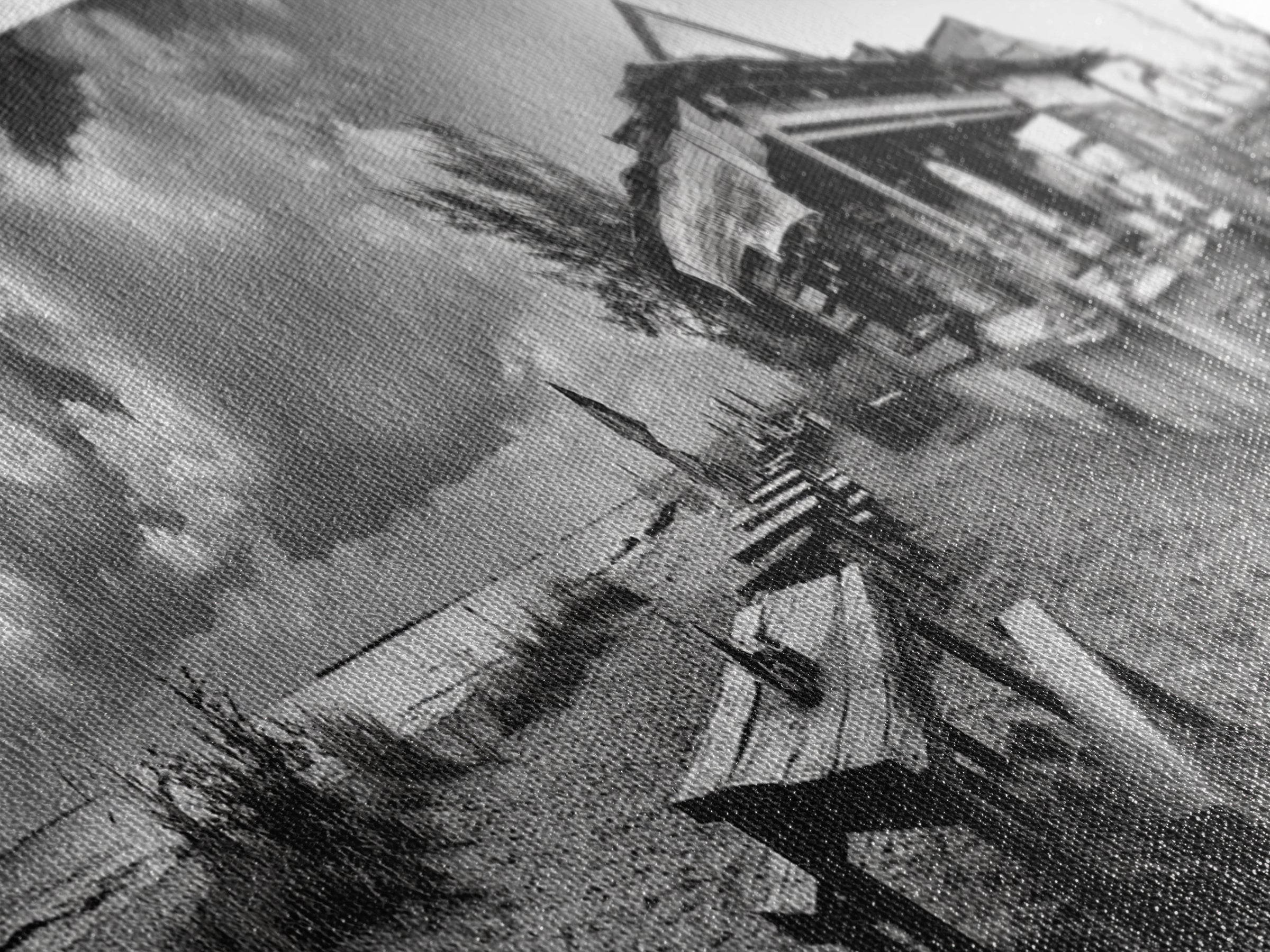 Beachside Bar Scene, Rustic Cafe, Ocean Picnic, Cloudy Sky, Framed Canvas Print, Coastal Kitchen Wall Art, Boho Bar Decor