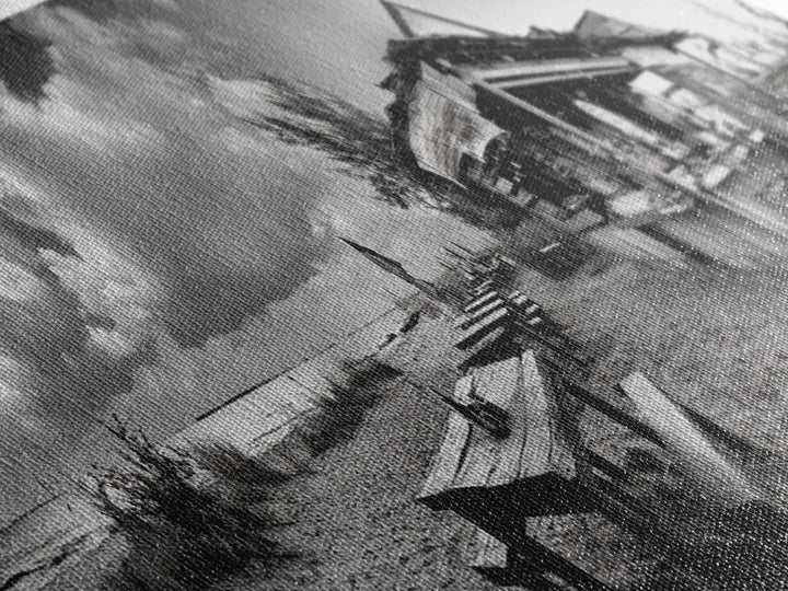 Beachside Bar Scene, Rustic Cafe, Ocean Picnic, Cloudy Sky, Framed Canvas Print, Coastal Kitchen Wall Art, Boho Bar Decor