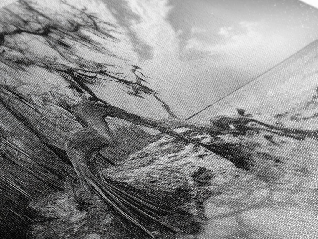 Bending Tree Beach, Windswept Coastal Scene, Dune Forest, Canvas Print, Monochrome Minimalist Art, Boho Bedroom Decor, Ocean Tones