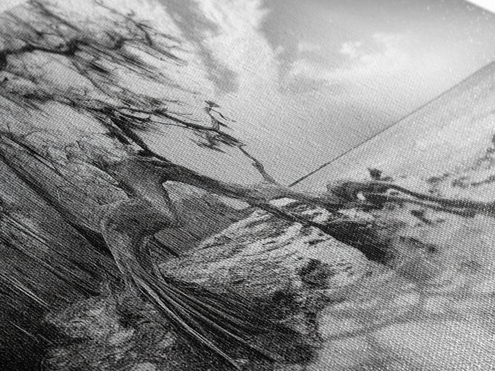 Bending Tree Beach, Windswept Coastal Scene, Dune Forest, Canvas Print, Monochrome Minimalist Art, Boho Bedroom Decor, Ocean Tones