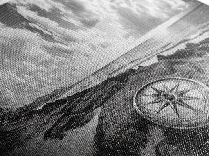 Compass Rose, Ocean Horizon, Palm Trees, Canvas Print, Nautical Beach Art, Boho Living Room Wall Art, Black and White Coastal Decor
