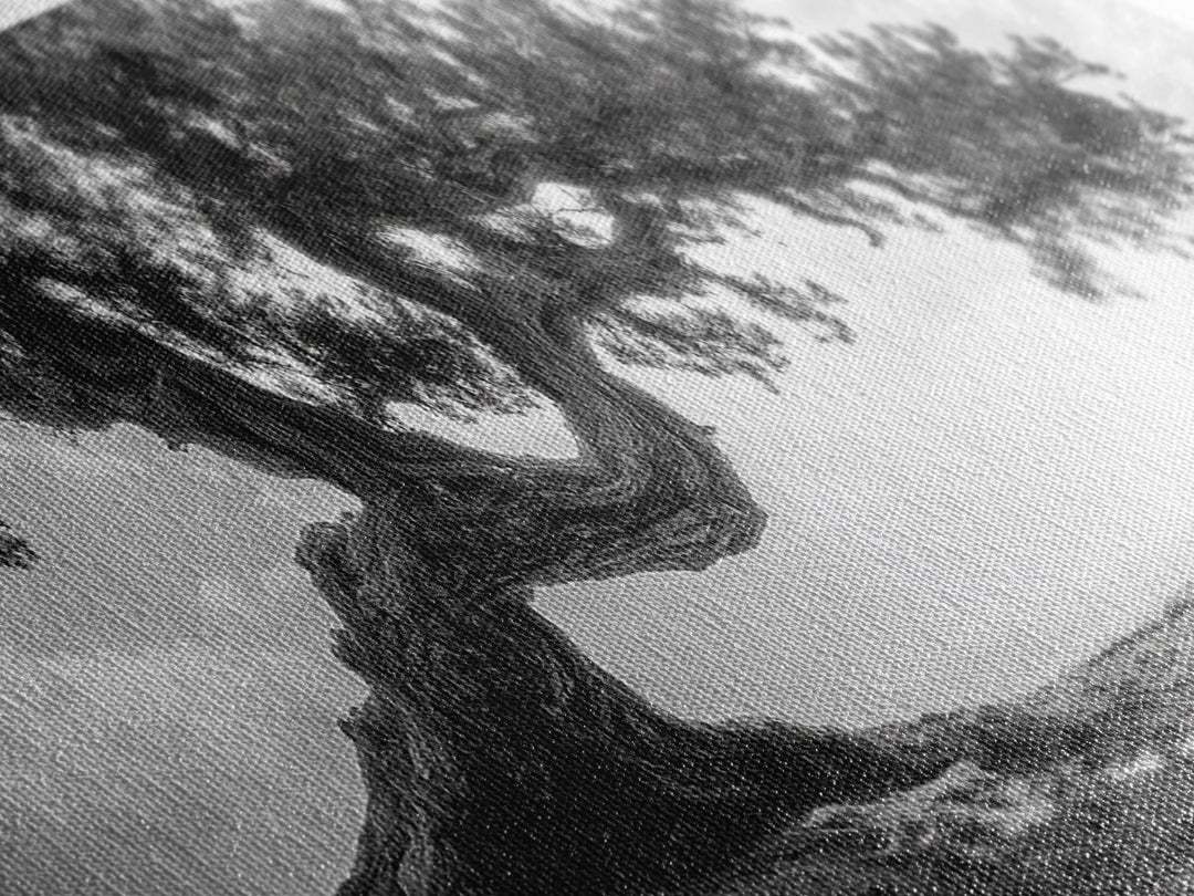 Bending Tree, Windswept Landscape, Coastal Nature, Monochrome Art, Framed Canvas Print, Zen Wall Art, Minimalist Living Room Decor