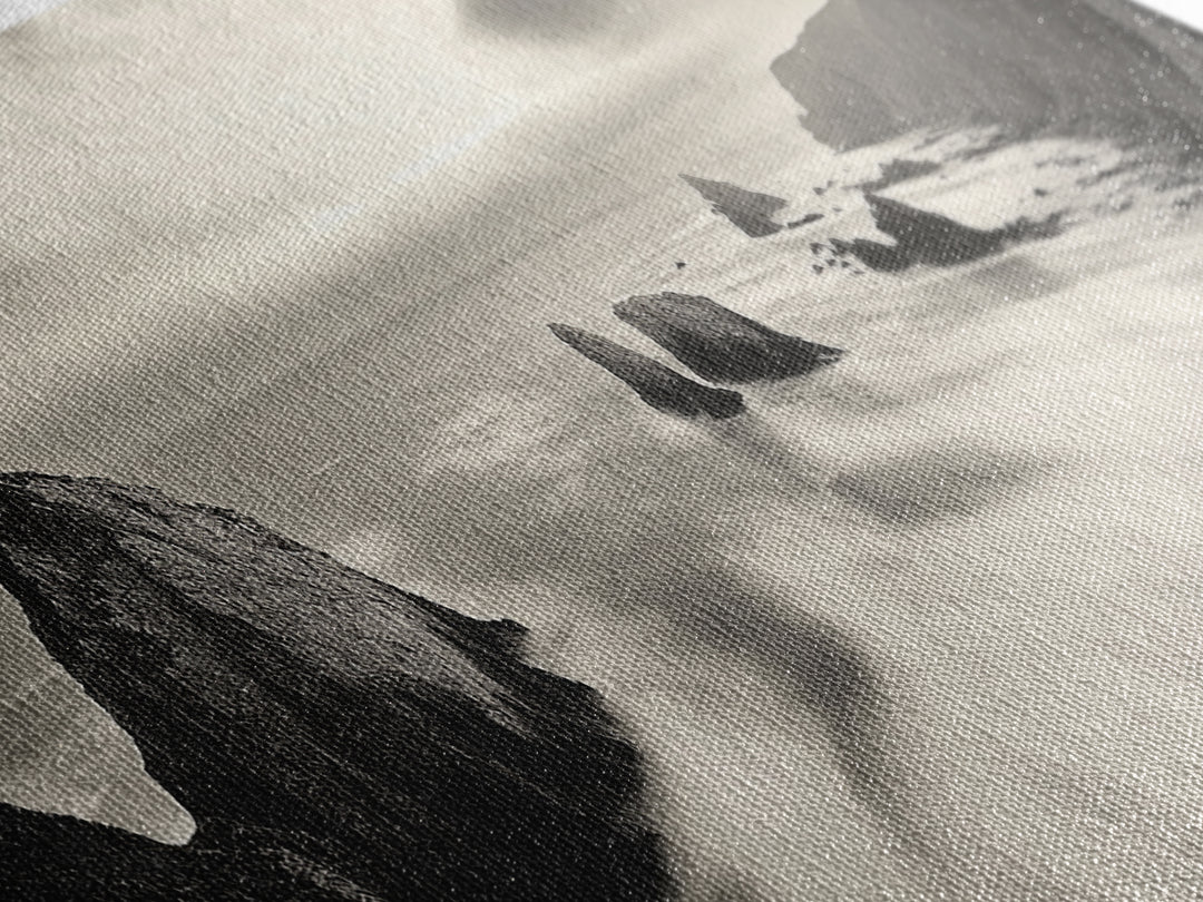 Rocky Coastline, Ocean Cliffs, Soft Waves, Long Exposure Landscape, Framed Canvas Print, Nautical Wall Art, Calm Living Room Decor