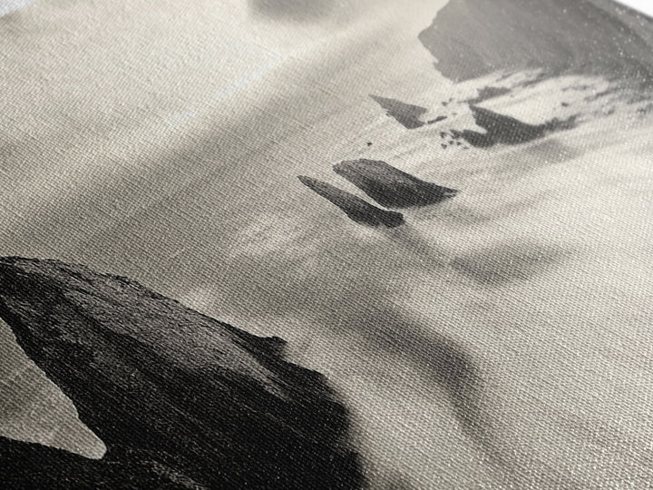 Rocky Coastline, Ocean Cliffs, Soft Waves, Long Exposure Landscape, Framed Canvas Print, Nautical Wall Art, Calm Living Room Decor