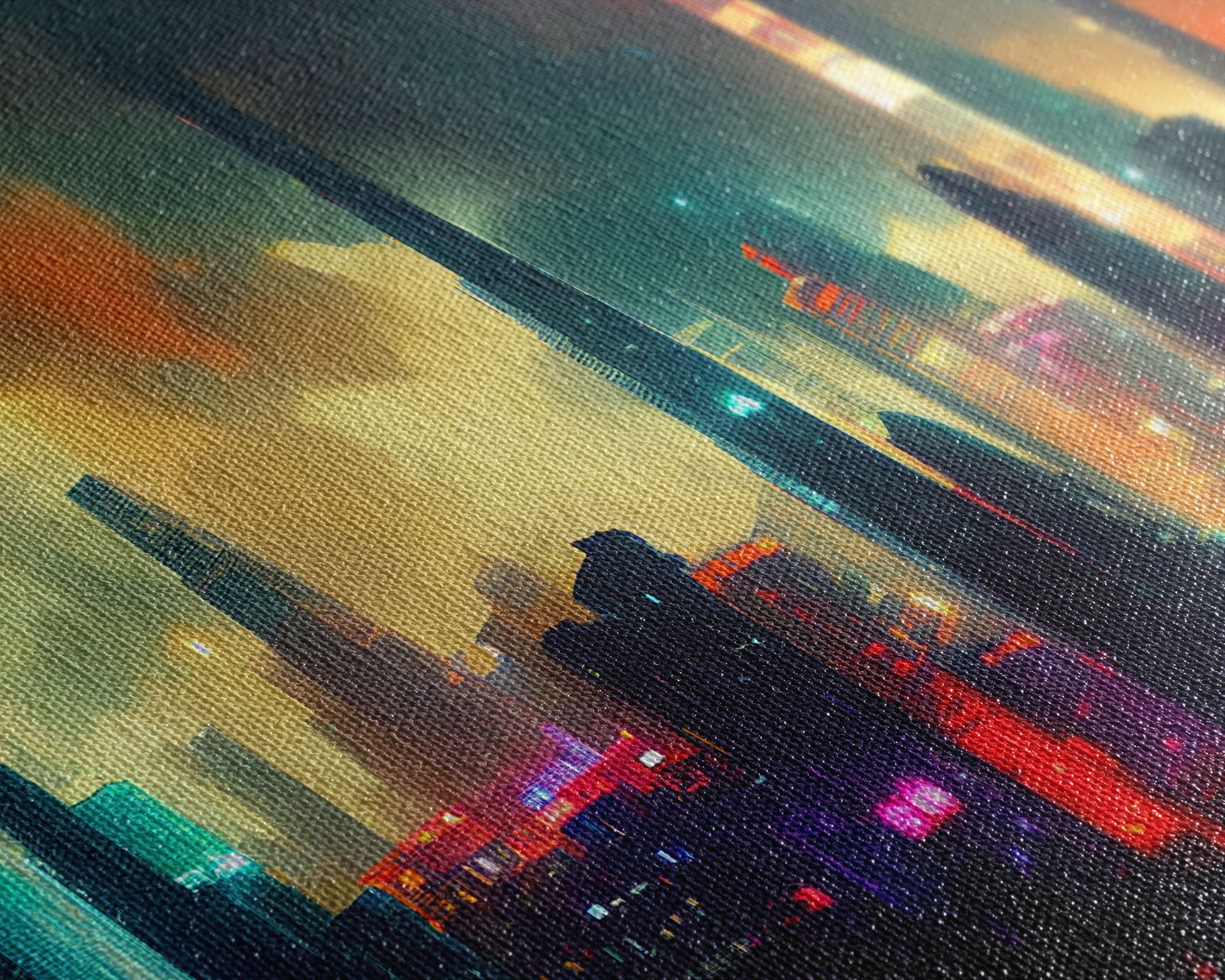 Cyber Punk Cityscape, Watercolor, Extra Large Wall Art, Framed Panoramic Canvas Print, Framed Wall Decor