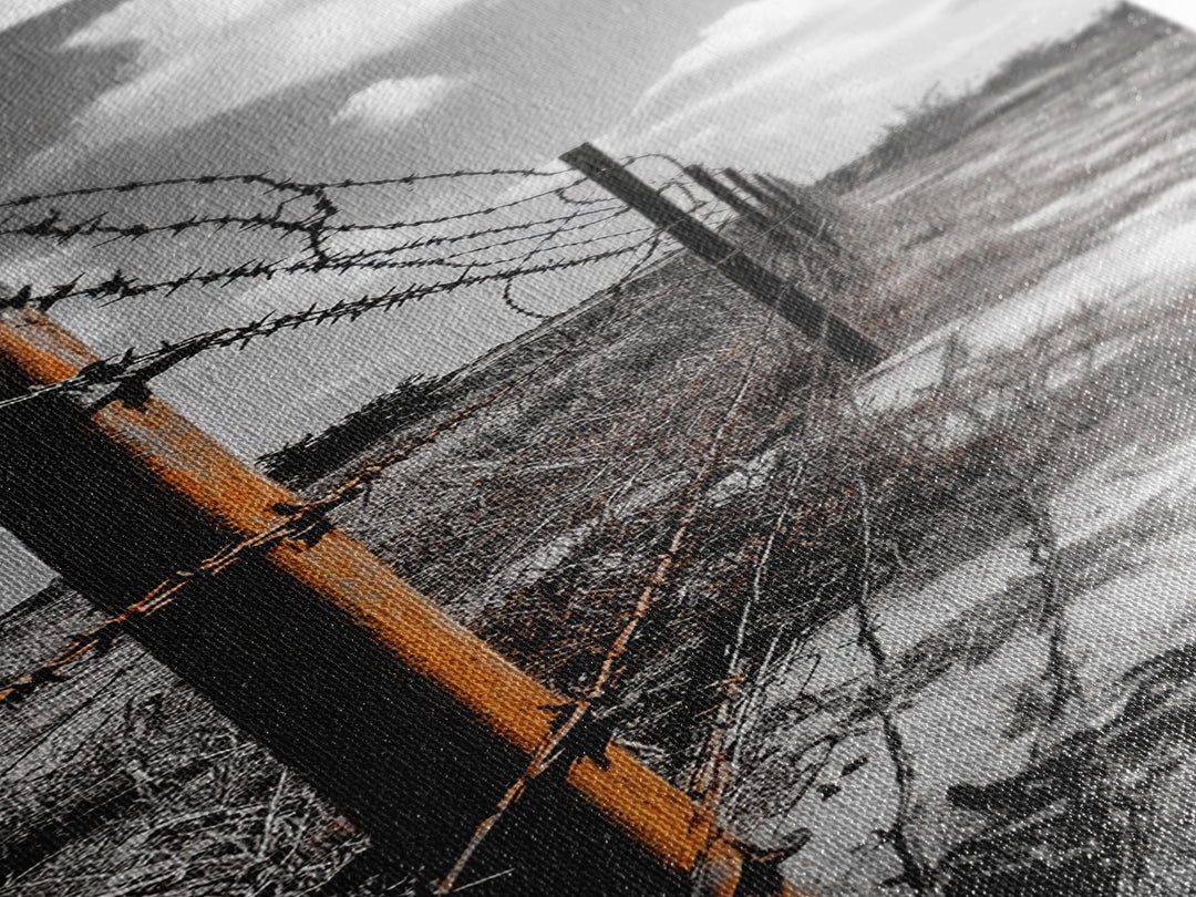 Rust Fence, Barbed Wire, Dramatic Sky, Framed Canvas Print, Abandoned Rural Art, Modern Industrial Decor, Grayscale Country Wall Art