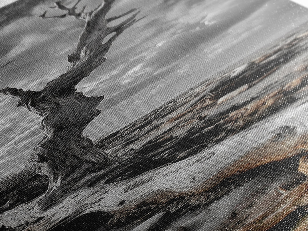 Weathered Tree, Coastal Roots, Dramatic Sky, Natural Form – Canvas Print, Living Room Wall Art, Monochrome Photography, Driftwood Decor