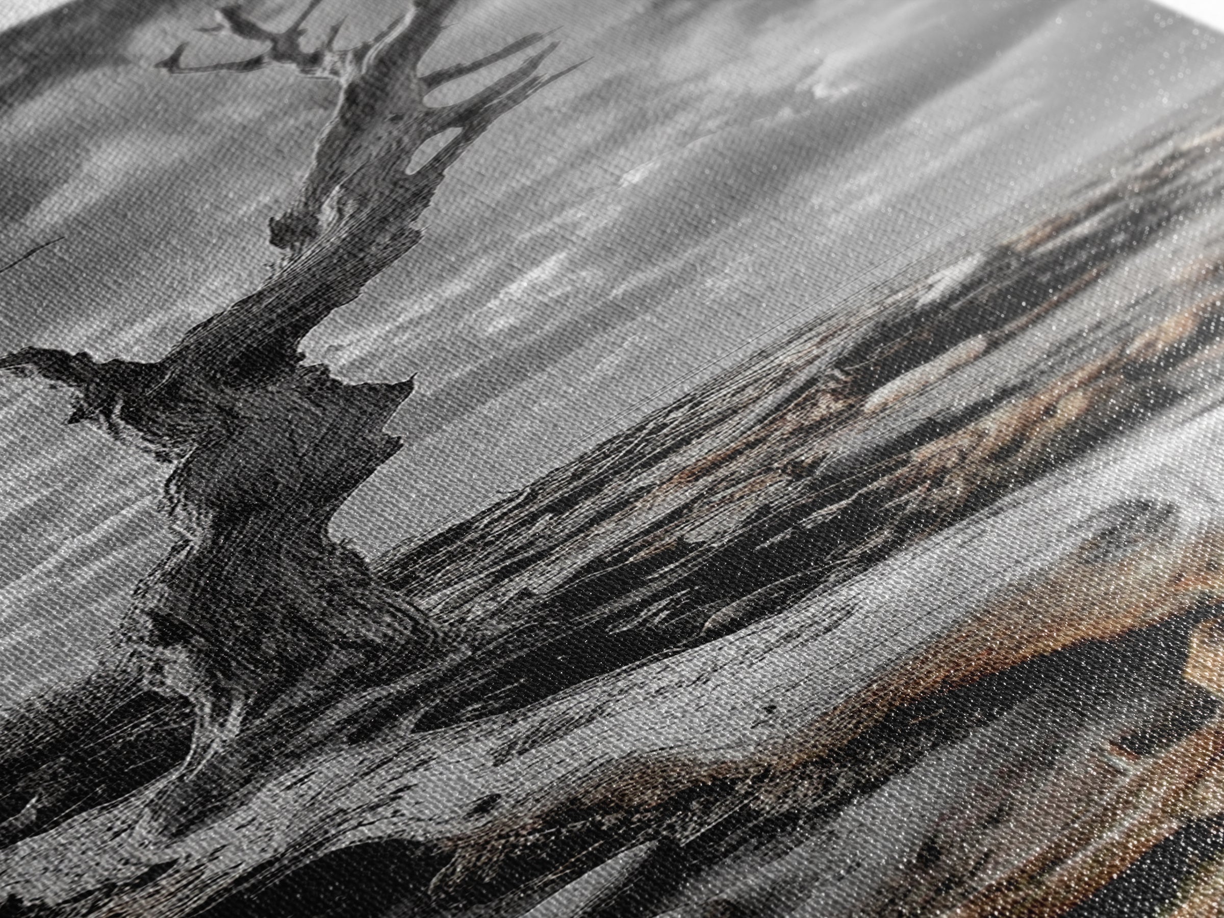Weathered Tree, Coastal Roots, Dramatic Sky, Natural Form – Canvas Print, Living Room Wall Art, Monochrome Photography, Driftwood Decor