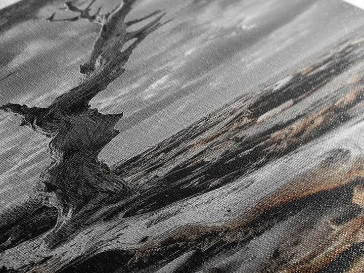 Weathered Tree, Coastal Roots, Dramatic Sky, Natural Form – Canvas Print, Living Room Wall Art, Monochrome Photography, Driftwood Decor