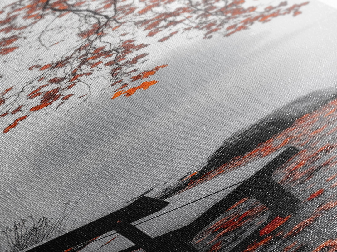 Autumn Leaves, Lakeside Bench, Quiet Moments, Foggy Morning, Framed Canvas Print, Cozy Fall Wall Art, Tranquil Living Room Decor