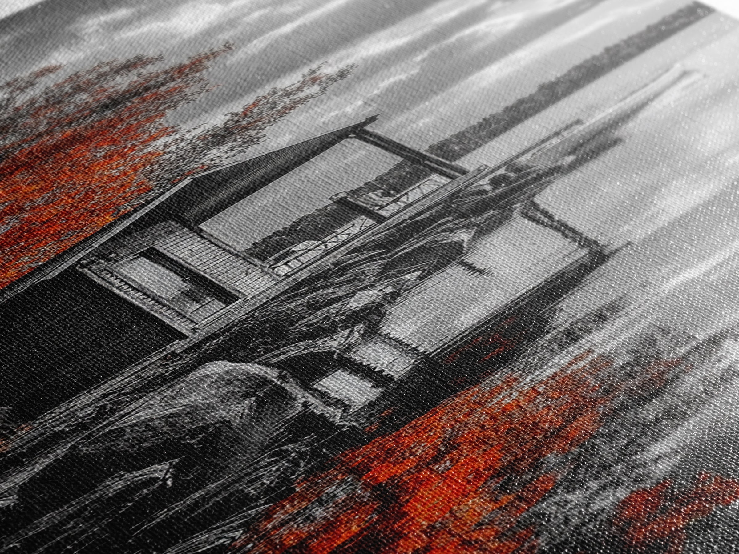 Autumn Cabin Lake, Red Tree Reflections, Tranquil Retreat, Rustic Getaway, Framed Canvas Print, Fall Decor, Nature Wall Art, Lodge Style