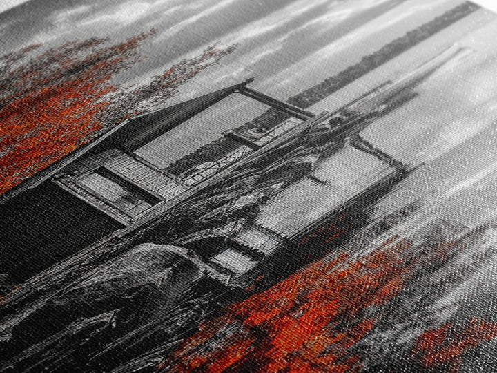 Autumn Cabin Lake, Red Tree Reflections, Tranquil Retreat, Rustic Getaway, Framed Canvas Print, Fall Decor, Nature Wall Art, Lodge Style