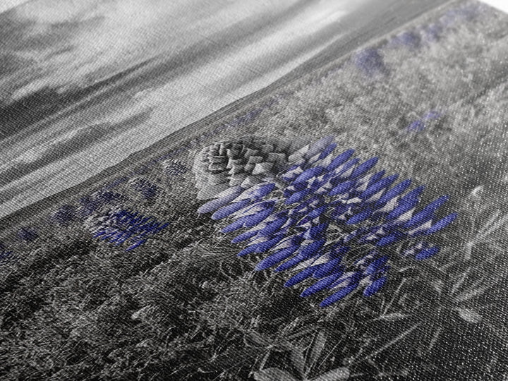 Blue Lupine, Wildflower Meadow, Cloudy Sky, Spring Bloom Framed Canvas Print, floral nature art, botanical hallway wall decor